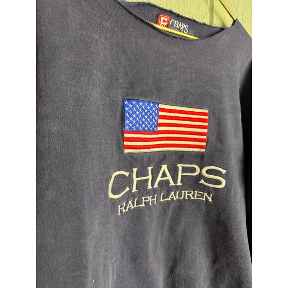Vintage Chaps Ralph Lauren Flag Sweatshirt USA Embroidered Logo L Raw Cut Neck - Picture 2 of 7